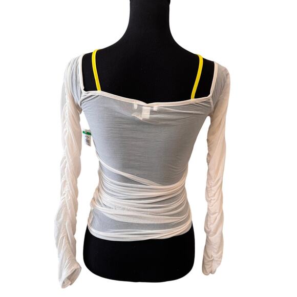 New TOPSHOP NORDSTROM Women's Cream Ruched Mesh Long Sleeve Top Size 4-6 - Picture 7 of 8